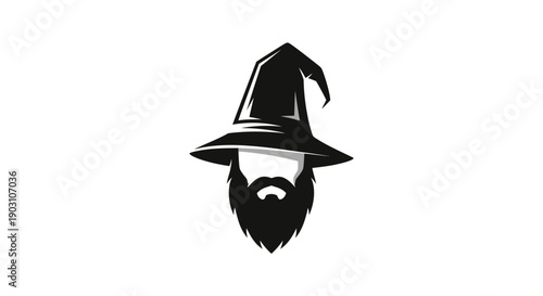 Stylized illustration of a bearded figure wearing a classic pointed wizard hat