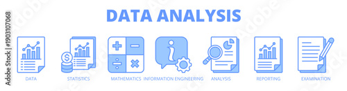 Data analysis web banner icon vector illustration concept for data insights with icon of data, statistics, mathematics, information engineering, analysis, reporting, and examination.