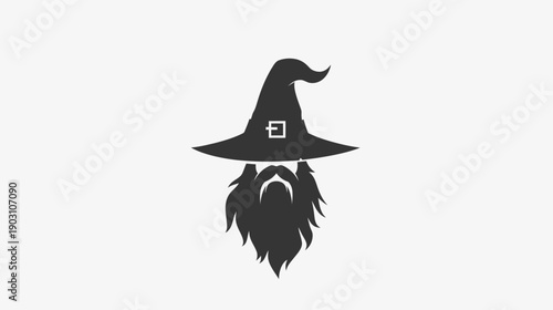 Silhouette of a wizard with hat and beard against white background