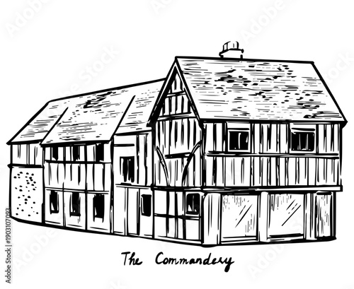 A detailed black-ink architectural sketch of the Commandery in Worcester, capturing its timber-framed structure, historic façade, and Tudor character in expressive hand-drawn line art.
