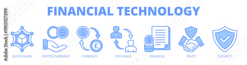 Financial technology web banner icon vector illustration concept for digital finance with icon of blockchain, cryptocurrency, currency, exchange, financial, trust, and security.
