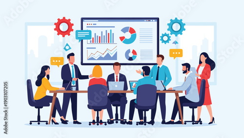 Group of diverse business people having a collaborative meeting in a boardroom while analyzing financial data on a large display.