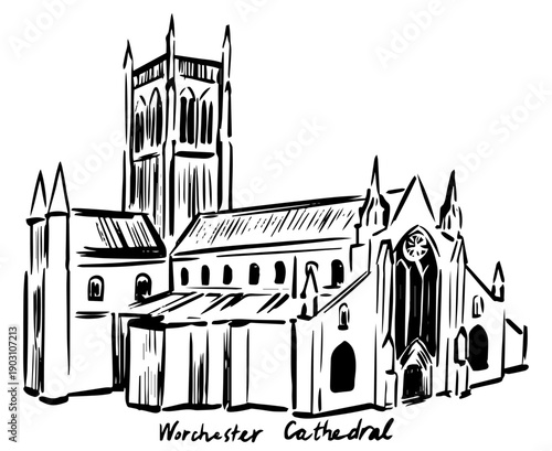 A detailed black-ink architectural sketch of Worcester Cathedral, capturing its Gothic towers, arched windows, and monumental ecclesiastical presence in expressive hand-drawn line art.
