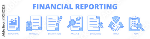 Financial reporting web banner icon vector illustration concept for financial transparency with icon of reporting, financial, examination, analysis, standards, trust, and audit.