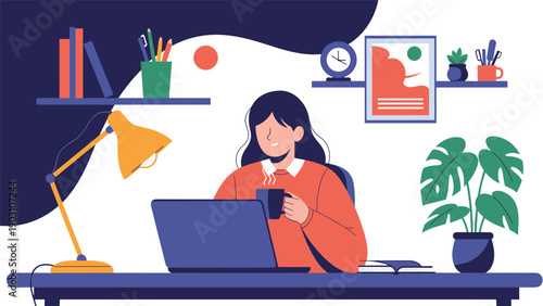 Young woman enjoying a cup of coffee while working on her laptop in a cozy home office with books and plants on the shelves behind.