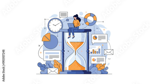 Female freelancer working on a laptop while sitting on a giant hourglass surrounded by business data icons and time management tools.