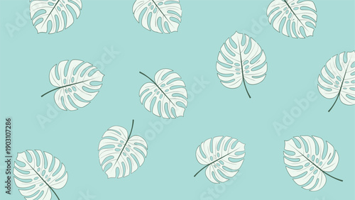 Seamless pattern of white monstera leaves with delicate green outlines scattered across a soft turquoise background for textile design.