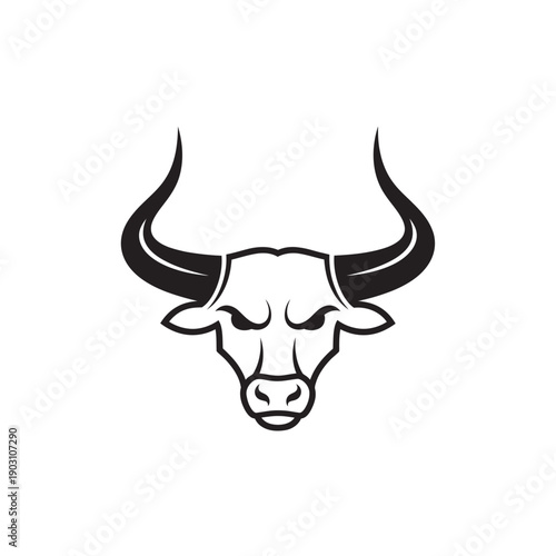 Stylized black and white illustration of a bull's head with large horns