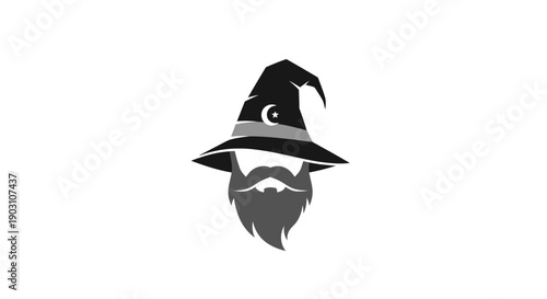 Stylized wizard illustration with beard hat and moon symbol on white