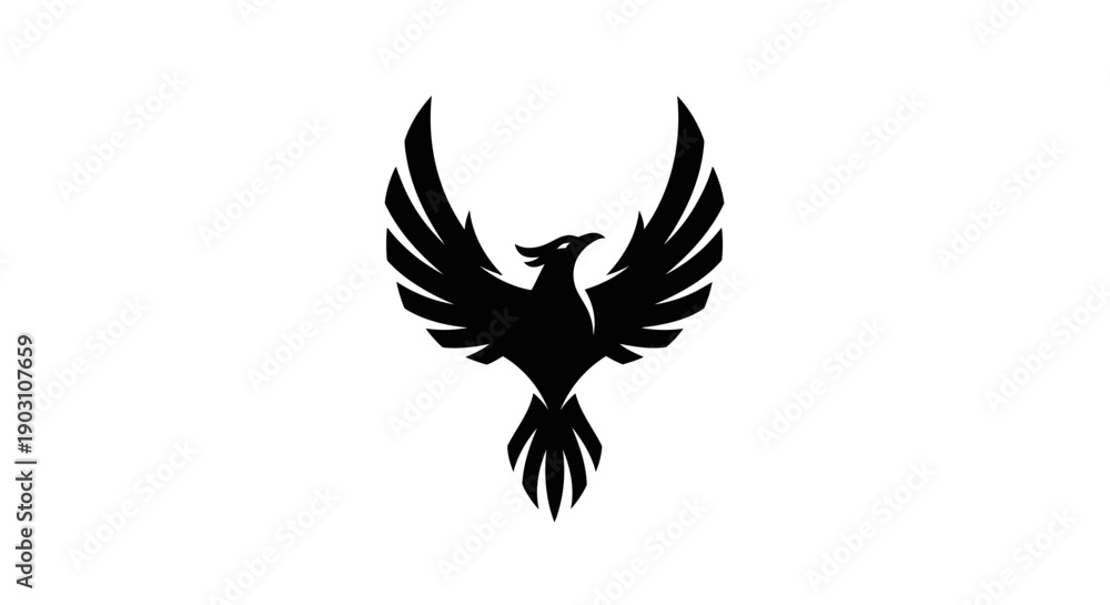 Fototapeta premium Black phoenix silhouette soaring against white background symbolizing rebirth