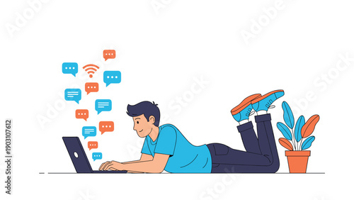 Young man lying comfortably on the floor while using his laptop with multiple colorful message bubbles floating above the device.