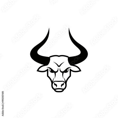 Fierce black bull head with wide horns, staring ahead