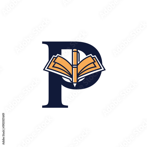 A navy blue capital letter P with an open orange book and pen emblem