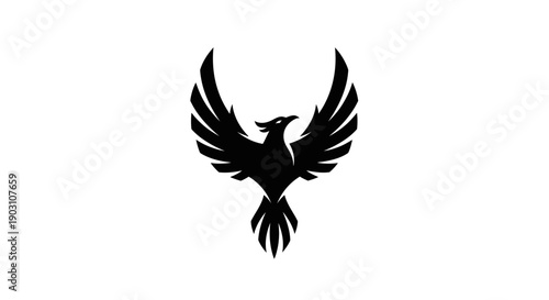 Black phoenix silhouette soaring against white background symbolizing rebirth