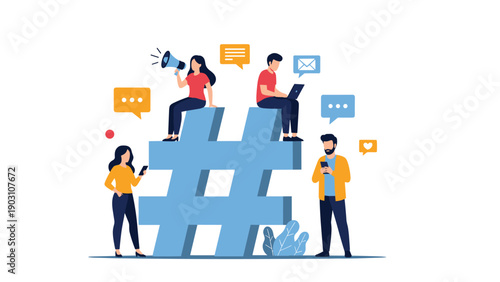 Group of diverse young people sitting on and standing around a giant blue hashtag symbol while using their mobile smartphones.