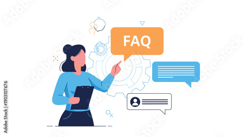 Business woman holding a clipboard and pointing towards a large orange speech bubble with faq written inside for customer service.