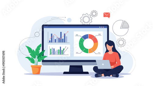 Professional woman sitting on the floor with her laptop in front of a giant computer screen displaying colorful business charts.