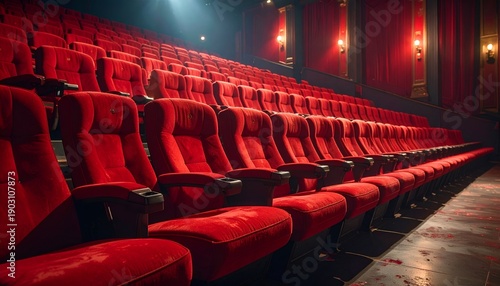 Wallpaper Mural Empty red theater seats arranged in rows, illuminated by soft stage lighting, creating a cinematic ambiance Torontodigital.ca