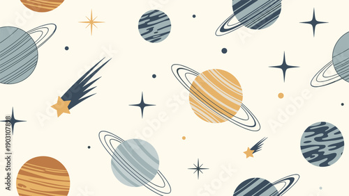 Seamless space pattern with various planets rings stars and comets in a vintage color palette for textile or background design projects.