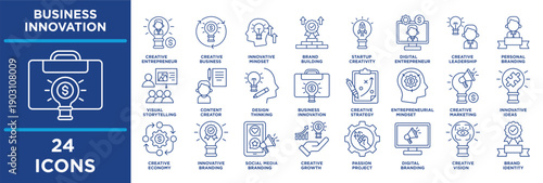 business innovation icon set illustrating creativity, technology, progress, evolution, growth, startup, idea, design and digital. vector editable line