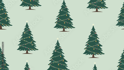 Traditional holiday seamless pattern features green Christmas trees decorated with lights and ornaments on a soft mint green background.