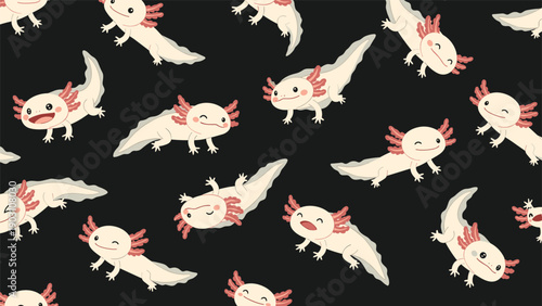 Adorable seamless pattern of cute pink axolotls in various poses swimming and winking on a dark black background for a modern look.