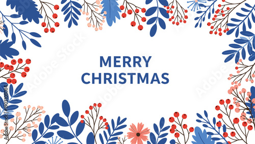 Elegant Christmas frame consists of blue leaves red berries and pink flowers surrounding the text merry christmas on a white background.