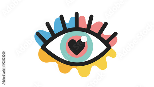 Vibrant pop art illustration features a large eye with a heart shaped pupil and colorful splashes of blue pink and yellow in the background.