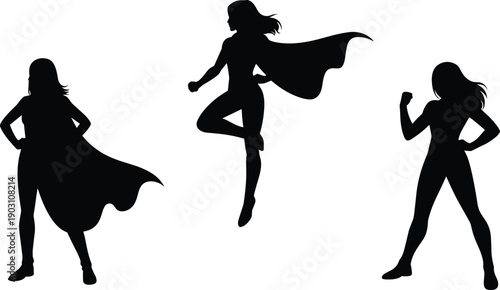 Superhero woman silhouette set powerful female poses isolated on white background black vector illustration for strength empowerment branding design