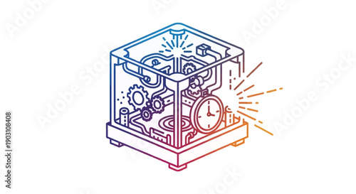 Isometric gradient illustration of an intricate mechanical system with gears and a glowing timer