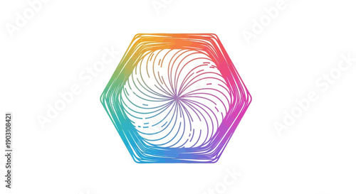 Colorful artistic hexagonal frame featuring a dynamic central swirl pattern on white