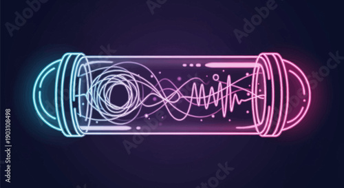 Futuristic neon light tube with dynamic wavy patterns representing digital information transfer