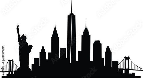Iconic silhouette of new york city skyline with statue of liberty