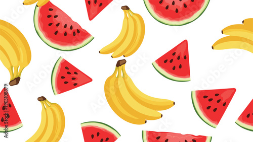 Vibrant fruit pattern featuring slices of ripe watermelon and bunches of yellow bananas scattered across a clean white backdrop.