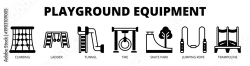 Playground Equipment web banner icon vector illustration concept for kids physical activity, with icon of climbing frame, ladder, tunnel, tire, skate park, jumping rope, and trampoline.