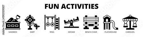 Fun Activities web banner icon vector illustration concept for children play activities, with icon of sandbox, dart game, ring game, seesaw, bench chair, playground area, and carousel.