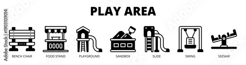 Play Area web banner icon vector illustration concept for outdoor public play space, with icon of bench chair, food stand, playground, sandbox, slide, swing, and seesaw.