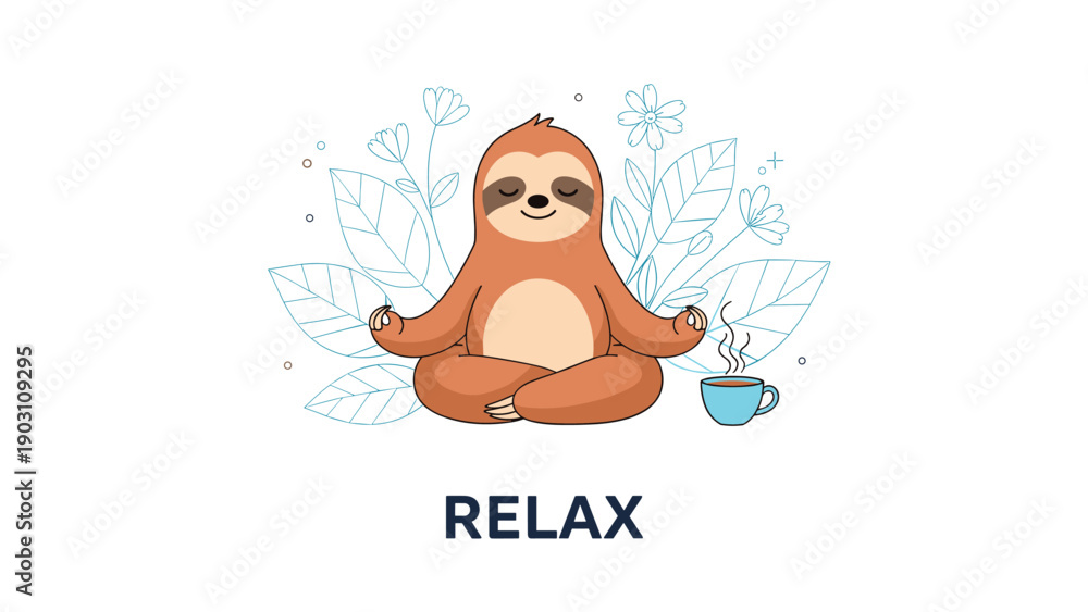 Obraz premium Relaxing sloth character meditating in a lotus pose surrounded by outlines of tropical leaves and a steaming cup of coffee or tea.