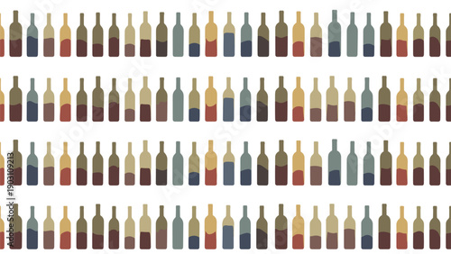 Rows of wine bottles with different colors of wine inside arranged in a neat repeating pattern design on a crisp white background.