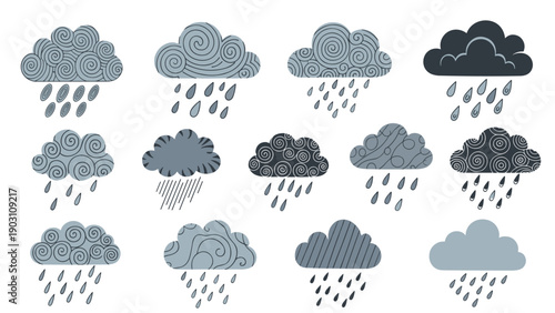 Variety of stylized rainy clouds with unique doodle patterns and falling raindrops in various shades of blue and grey on white background.