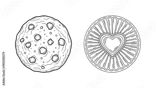 Detailed line art illustration of two round cookies including a classic chocolate chip cookie and one with a central heart design.