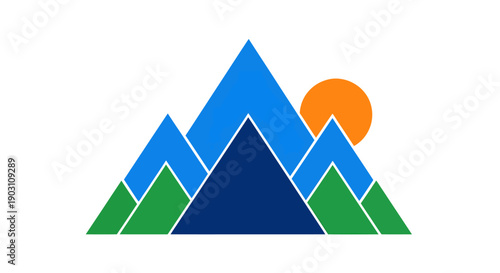 Stylized illustration of mountains and sun at dawn from a frontal viewpoint showcasing a serene landscape scene with vibrant colors and clean lines