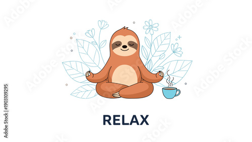 Relaxing sloth character meditating in a lotus pose surrounded by outlines of tropical leaves and a steaming cup of coffee or tea.