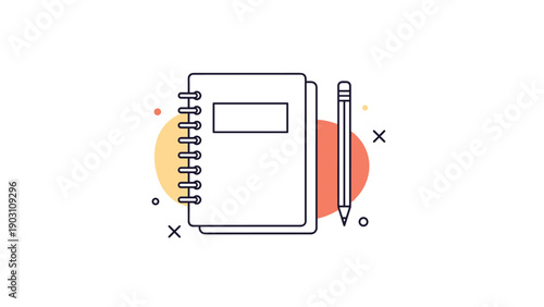 Clean icon design of a spiral notebook with a pencil and abstract shapes in soft orange and red tones on a white background.