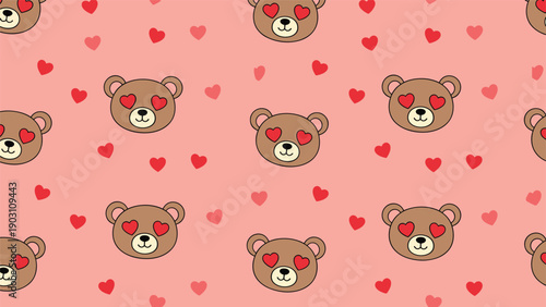 Cute teddy bear pattern featuring brown bear heads with red heart eyes and small hearts scattered on a soft pink background.