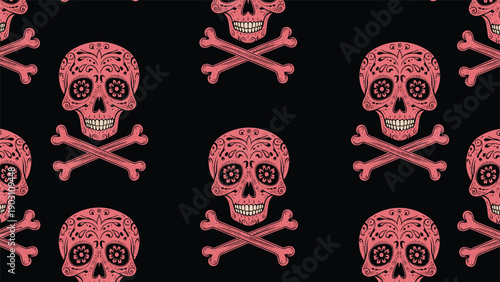 Edgy seamless pattern of sugar skulls with decorative floral patterns and crossbones in a pink color palette on a solid black background.