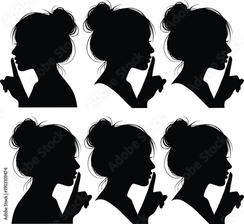 Six stylized silhouettes of a woman talking on the phone in a minimalist design layout