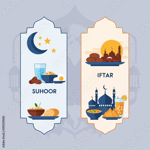 Illustration depicting Suhoor and Iftar meals during Ramadan, showing traditional foods, drinks, and Islamic symbols like mosques and crescent moons.