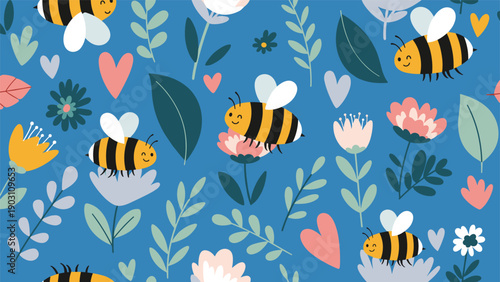 Adorable seamless pattern depicting cheerful honeybees buzzing among vibrant flowers and sweet hearts on a bright blue background.