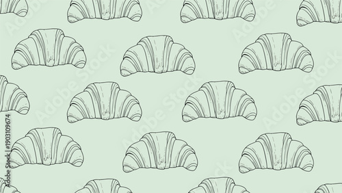 Delightful seamless pattern featuring rows of hand-drawn, sketched croissants on a soft, pale green background for a bakery theme.